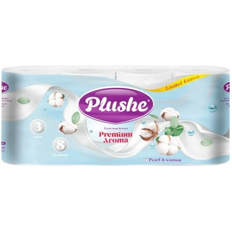 Туалетная бумага Plushe Premium Aroma Pearl & Cotton, 3 слоя, 8 рулонов