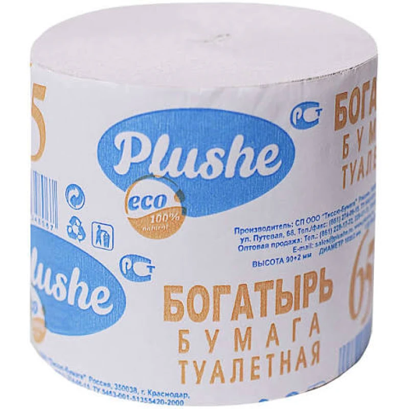 Бумага туалетная Plushe Богатырь+ 1-слойная, серая, без втулки