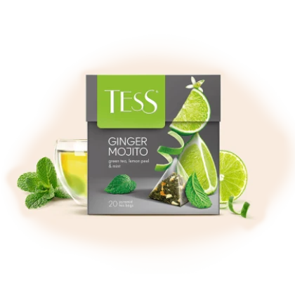 Чай TESS Ginger Mojito зеленый с цедрой лимона и мятой, пирамидки