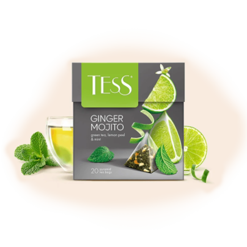 Чай TESS Ginger Mojito зеленый с цедрой лимона и мятой, пирамидки