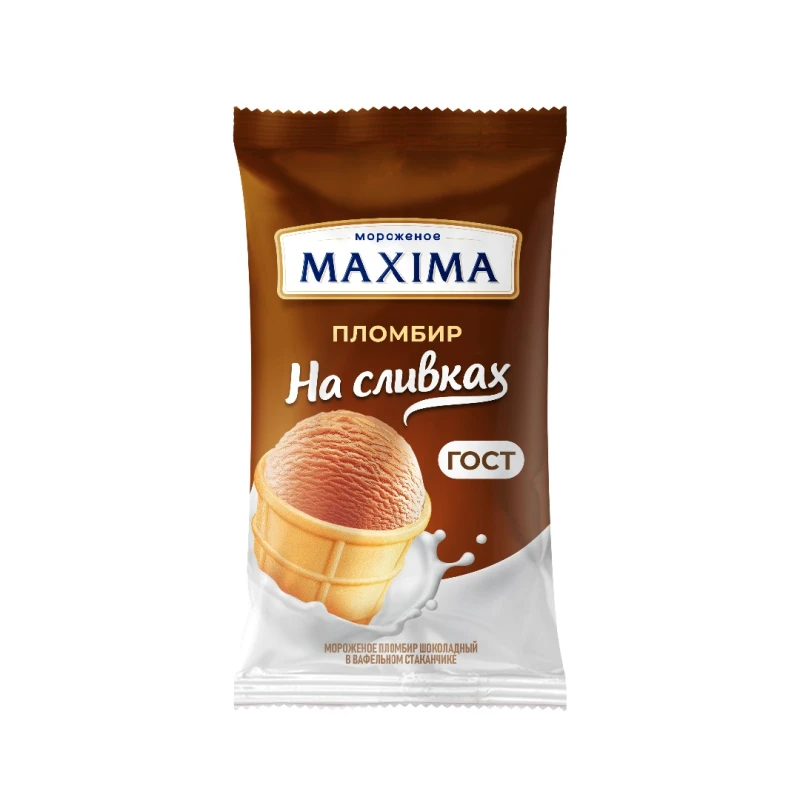 Мороженое Maxima пломбир шоколадный в вафельном стакане