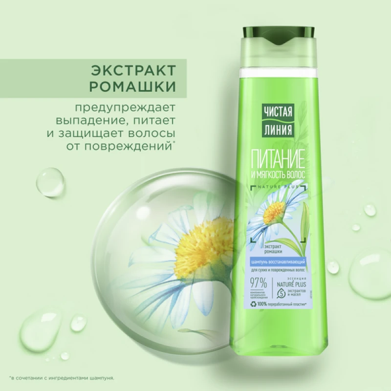 Шампунь Чистая Линия Питание и мягкость с экстрактом ромашки для сухих и поврежденных волос