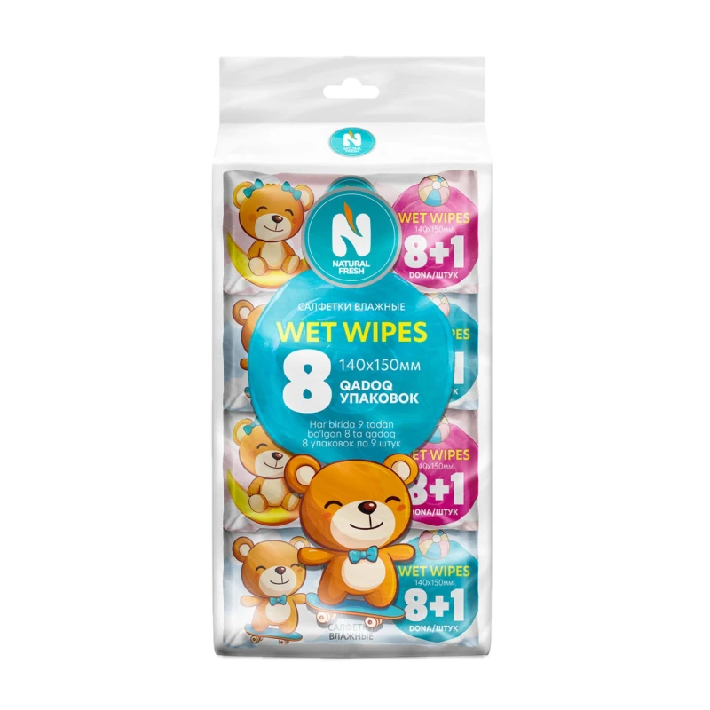 Салфетки влажные Natural Fresh Super Mini Pink/Blue 8+1, набор 8 упаковок