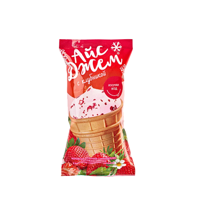 Мороженое ICEJAM сливочное с кусочками клубники в вафельном стаканчике