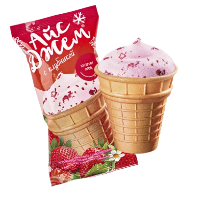Мороженое ICEJAM сливочное с кусочками клубники в вафельном стаканчике