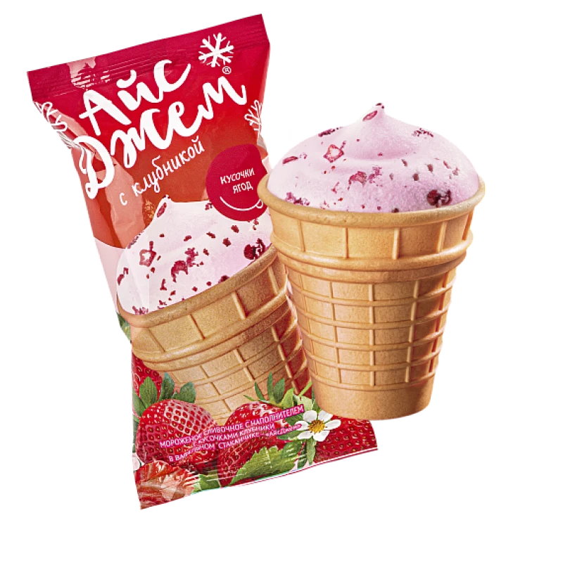 Мороженое ICEJAM сливочное с кусочками клубники в вафельном стаканчике